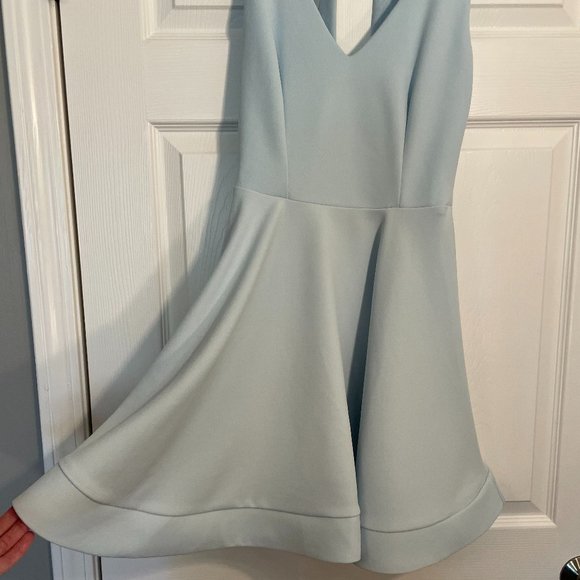 B. Darlin Women's Light Blue Sleeveless V Neck Bow Back Full Fit Flare Dress - Picture 2 of 8